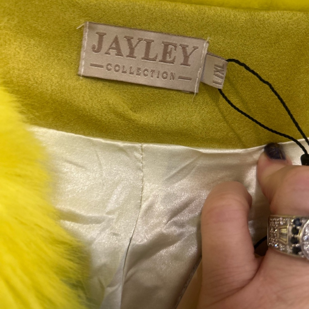 Womens Yellow and Blue Checkered Faux Fur Coat - Picture 2 of 5